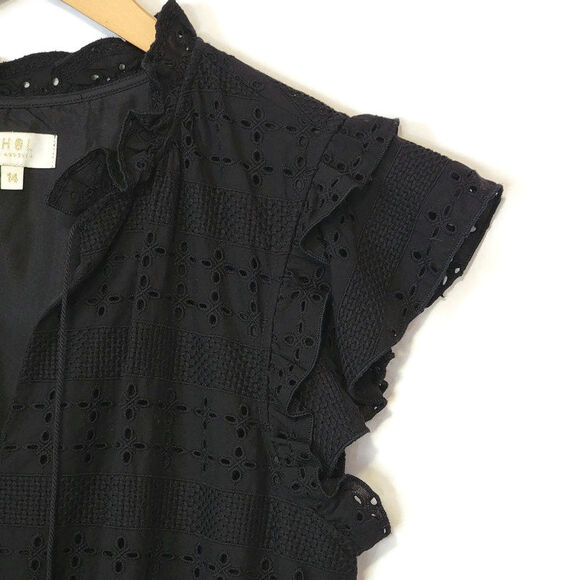 SHOL Los Angeles Eyelet Ruffle Dress Tiered Black Mini Dress Boho Party Size 14 - Picture 6 of 16